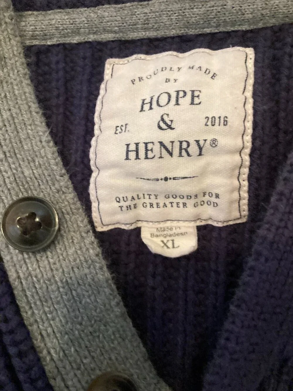 Hope & Henry Men's 100% Organic Cotton Navy Blue Henley Pullover Sweater Size XL